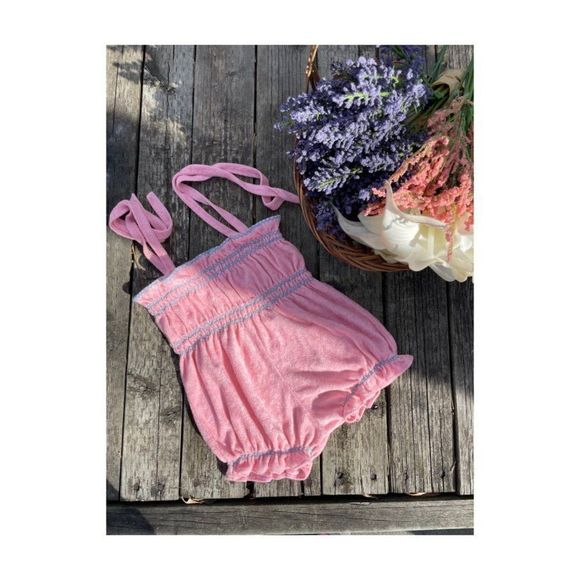 70s Pink Terrycloth Bubble Romper Blue Smocked Trim Tie Straps 12-24M - Picture 2 of 5